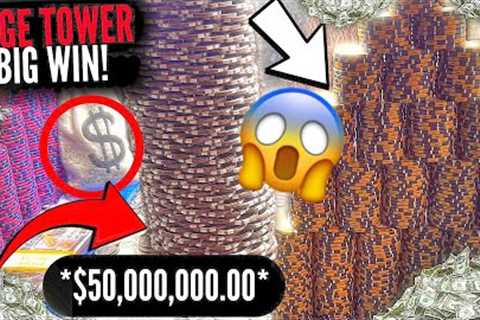 HUGE TOWER ON THE EDGE! RISKING $50 MILLION DOLLARS FOR 50 QUARTERS PLAYING THE COIN PUSHER!!!